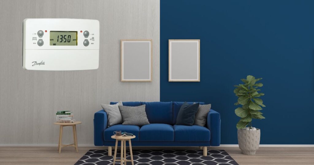 An illustration demonstrating the Wi-Fi setup process on a Danfoss thermostat.